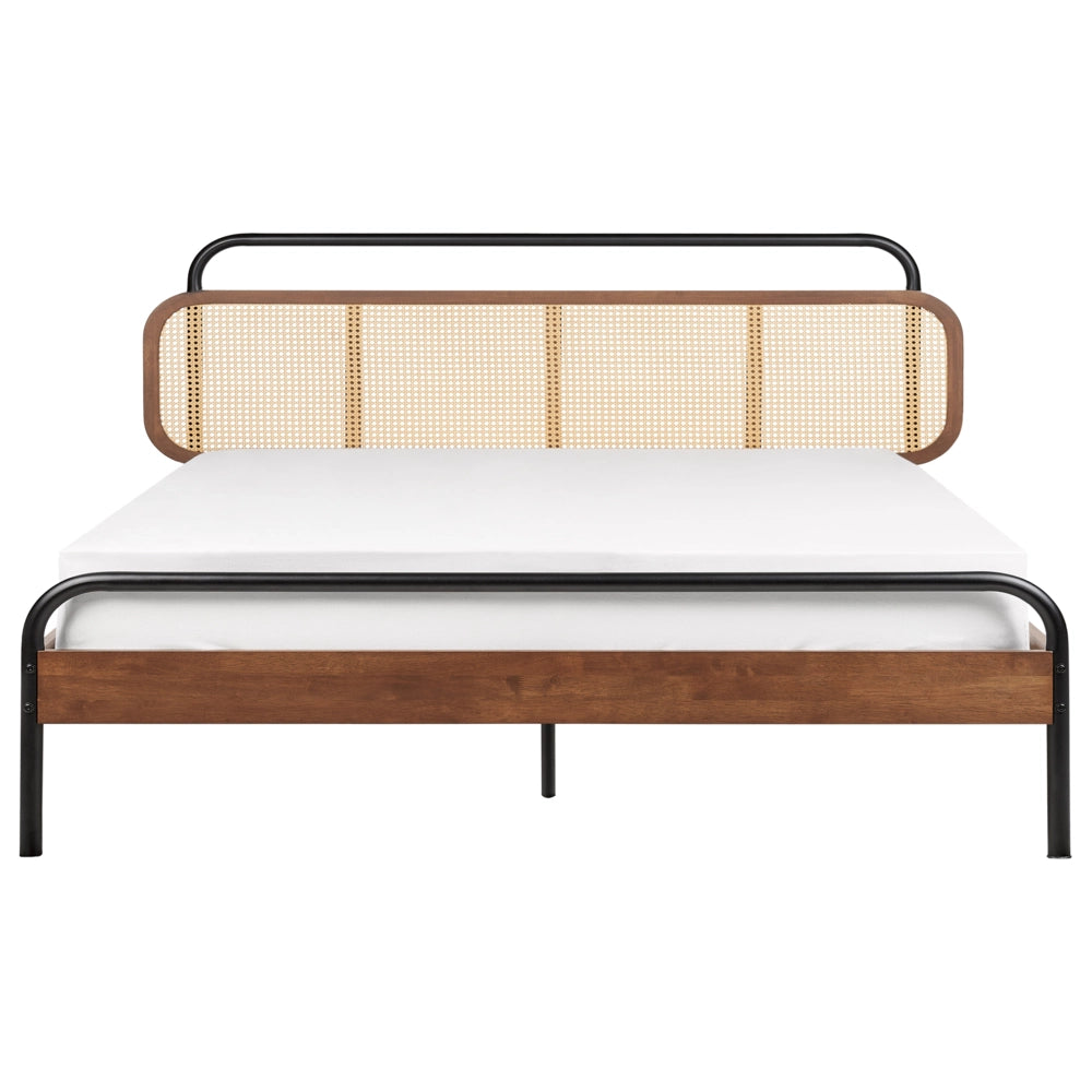 Letto matrimoniale moderno base a doghe con testata a treccia viennese in legno di gomma scuro 180 x 200 cm