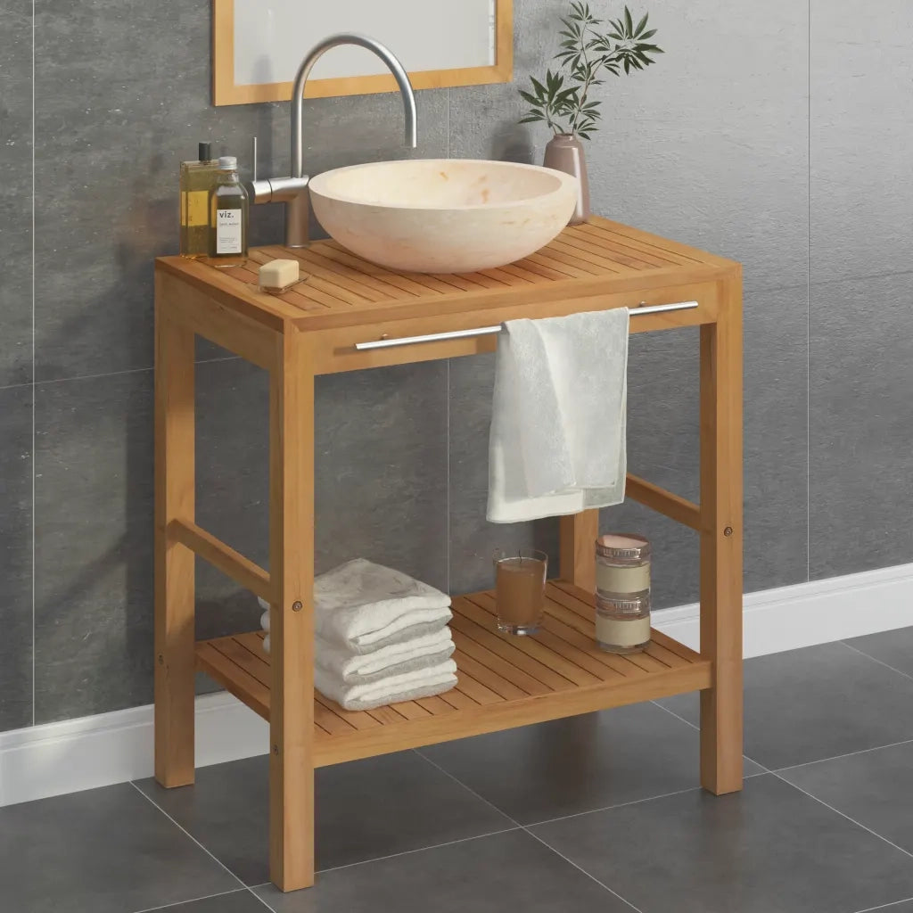 Armadietto da Bagno | Armadio da bagno in Legno di Teak con Lavabo in Marmo Crema