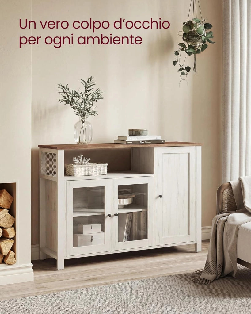 VASAGLE Credenza, Mobile da Cucina, Mobile Contenitore, con 3 Ante, per Soggiorno, Cucina, Sala da Pranzo, 33 x 110 x 75 cm, Stile Country, Marrone Miele e Bianco Vintage LSC096WJ02