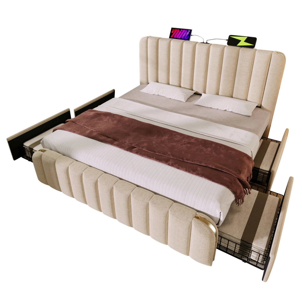 Letto imbottito 140x200 cm in lino beige con 4 cassetti e ricarica USB Type-C