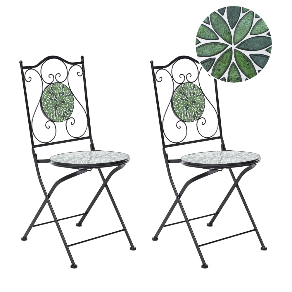 Set di 2 sedie da giardino in ferro nero con piastrelle rotonde in ceramica a mosaico stile ferro battuto pieghevoli
