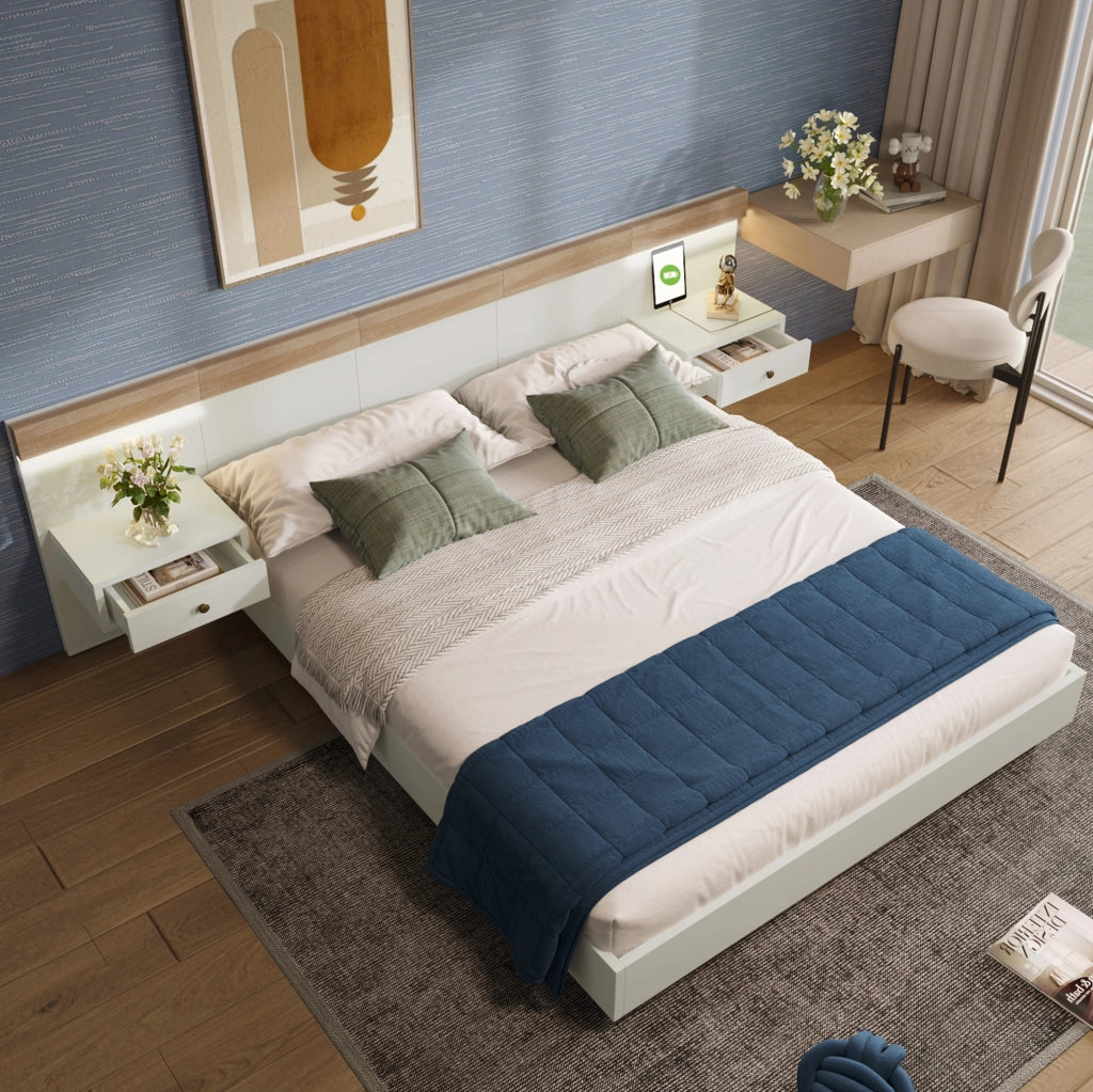 Letto matrimoniale 180x200 cm con 2 comodini LED; presa USB/Type C; effetto rovere Sonoma e bianco
