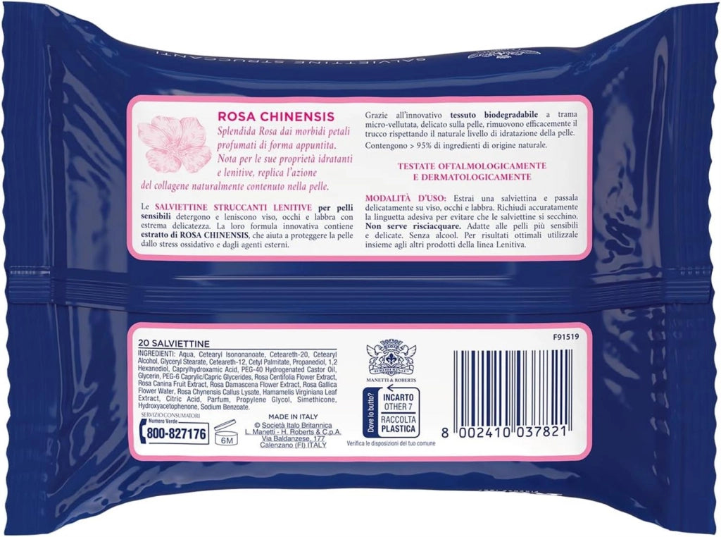 ACQUA ALLE ROSE SALVIETTINE STRUCCANTI LENITIVE PER PELLI SENSIBILI CON ESTRATTO DI ROSA CHINENSIS VISO OCCHI E LABBRA 20 PZ