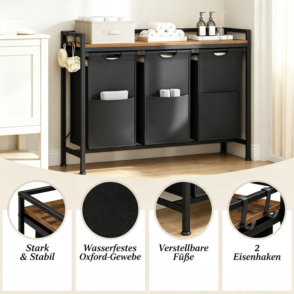 PORTABIANCHERIA con 3 cestelli estraibili 96x30x71 cm Nero/Marrone