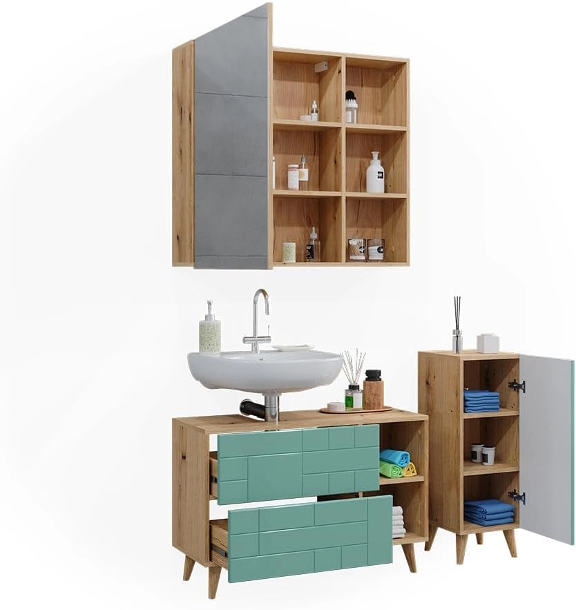 Set di mobili da bagno Rudi, Verde menta, 90 cm, composto da mobile sottolavabo, specchiera e mobile medio