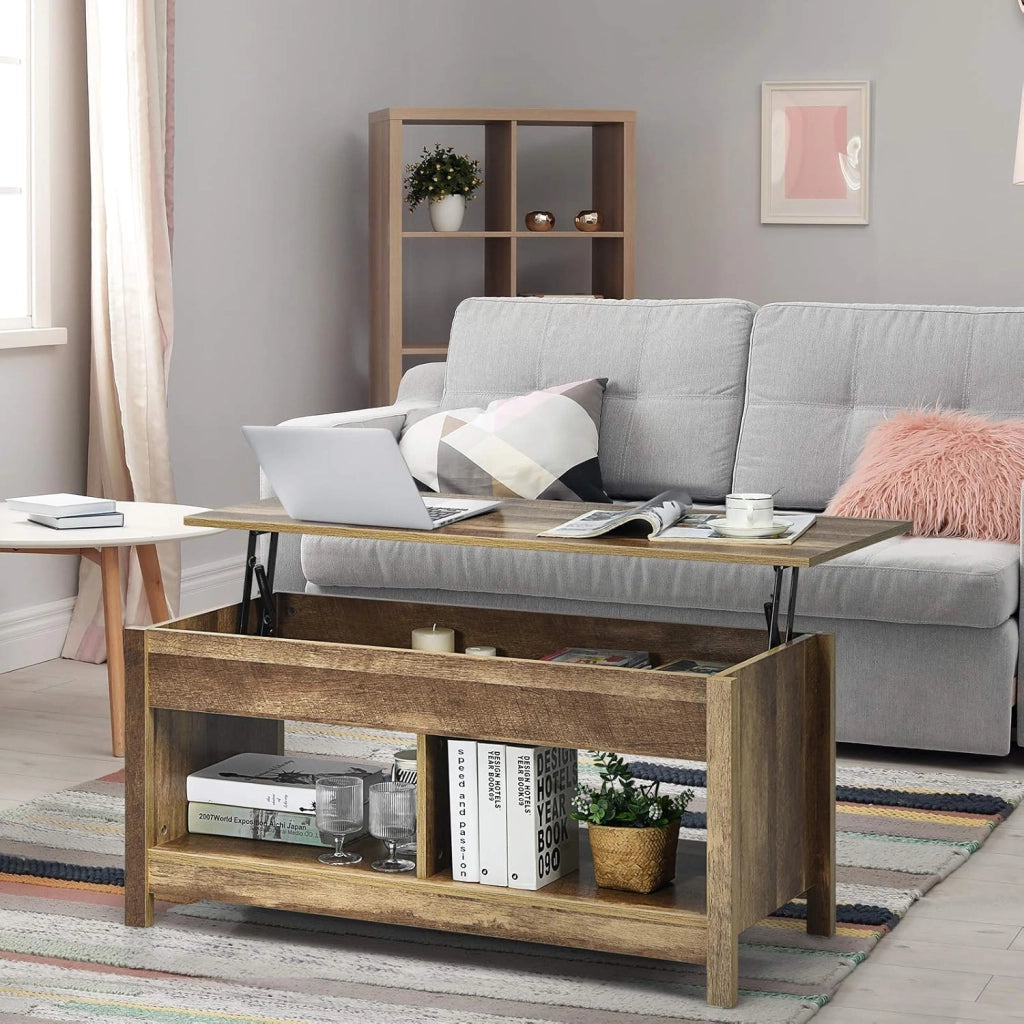 Tavolino Salotto Sollevabile, Tavolino da Caffè Basso con Scompartimenti Nascosti e Mensole, Tavolino Moderno per Soggiorno, Salone e Studio, 109 x 47,5 x 50-63 cm (Quercia)