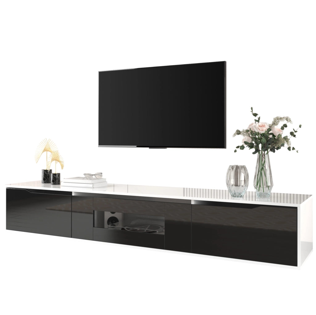 Mobile TV moderno nero e bianco lucido con LED multicolore, 180 cm
