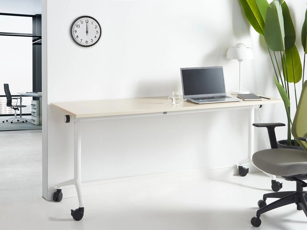 Scrivania rettangolare pieghevole con rotelle portatile con struttura in metallo marrone chiaro e bianco 180 x 60 cm stile moderno