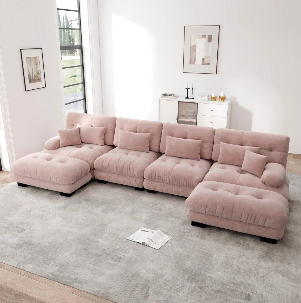 Divano modulare con pouf mobile; 406x145x81 cm; chenille rosa