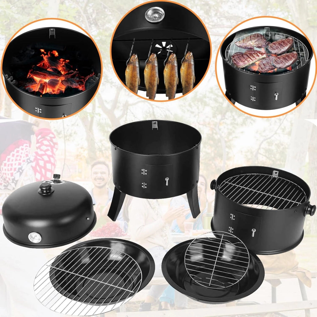 Affumicatore 3 in 1, Barbecue Carbonella, Griglia per Affumicatura con 2 Griglie in Acciaio Inossidabile, Termometro, Barbecue a Carbone, Affumicatore con Coperchio, Ø44,5 x80 cm Affumicatoi, Nero