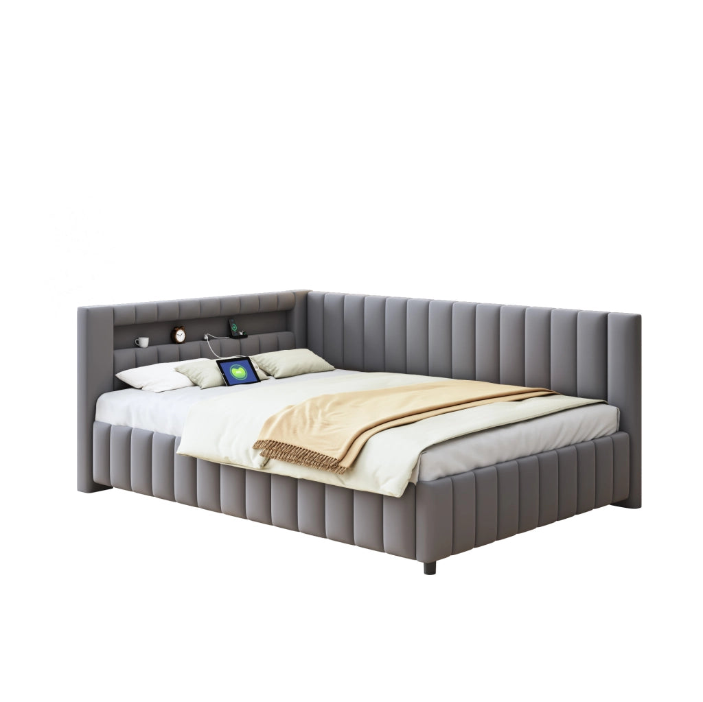 Divano letto 140x200 cm; design a L con LED e USB; velluto grigio (Senza materasso)