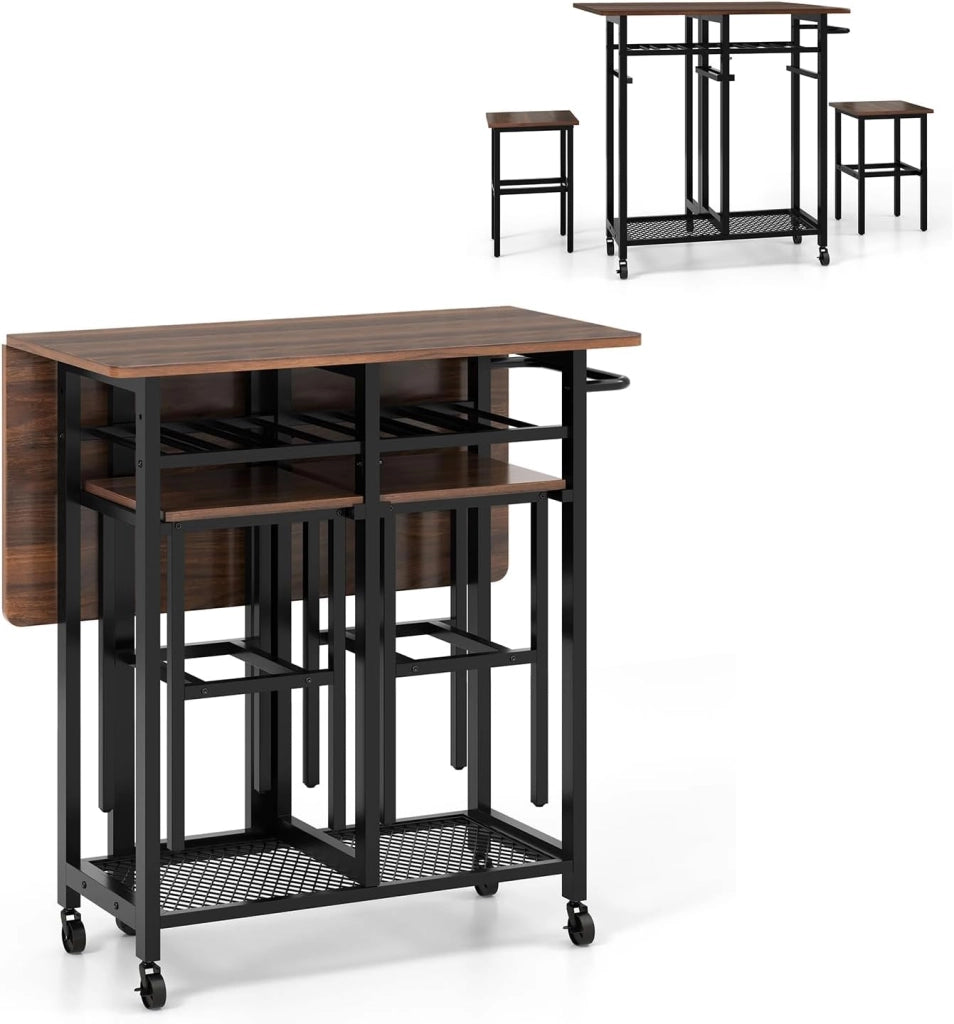 Carrello mobile con tavolo estensibile a lama pieghevole, quadrato pieghevole in 3 pezzi, con ripiano per vino, ripiano inferiore e maniglia a spinta, 2 sgabelli e ruote bloccabili (Nogal)