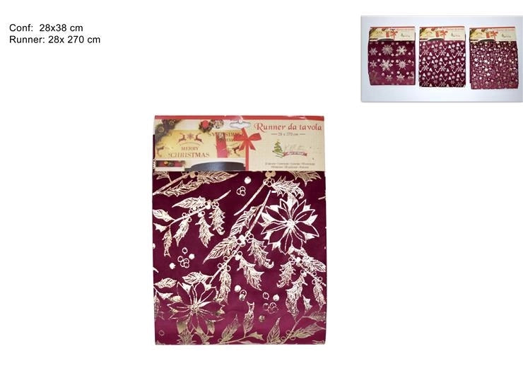 Runner da Tavola Natalizio in Velluro Bordeaux con Decorazioni Oro 28 x 270 cm