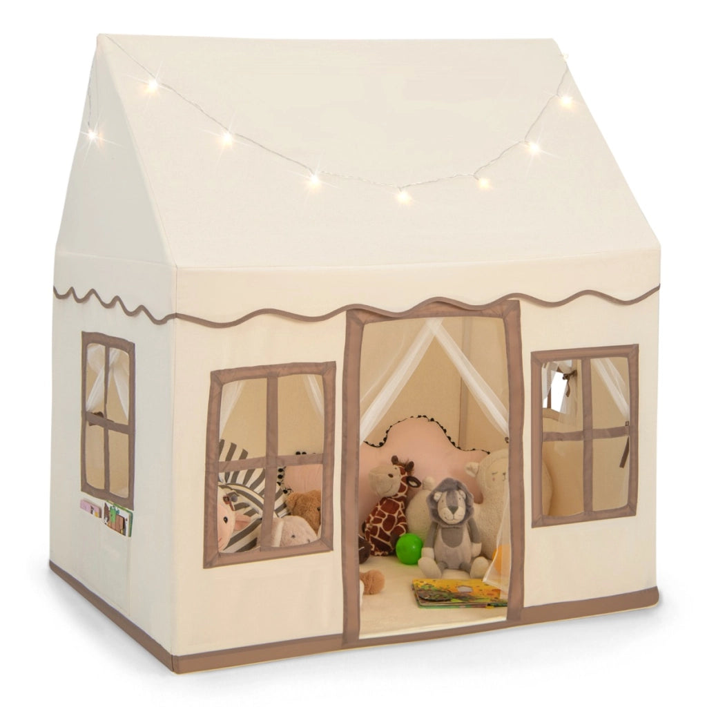 Tenda da gioco per bambini con luci a stella tappetino in velluto lavabile, Casetta per interni ed esterni Marrone
