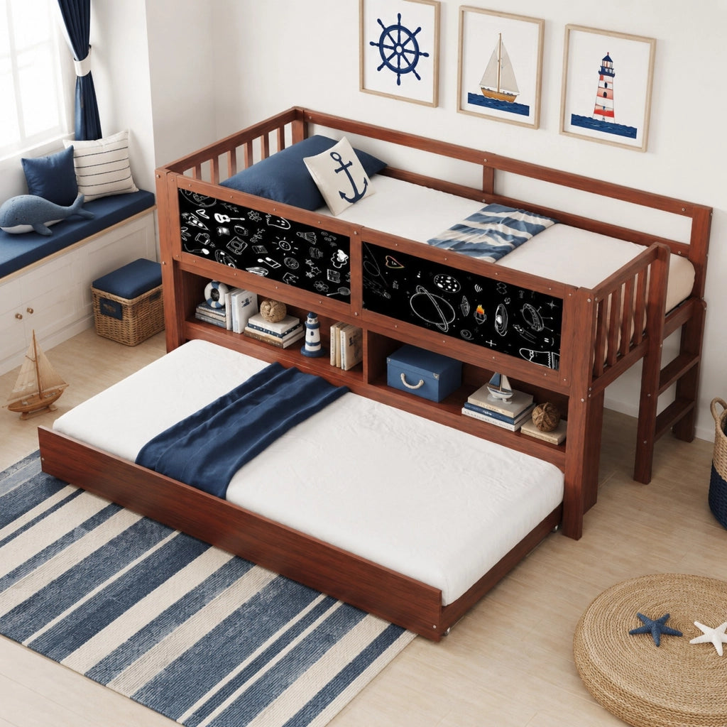 LETTO per bambini 90x200 cm con letto estraibile lavagna e vano a giorno marrone