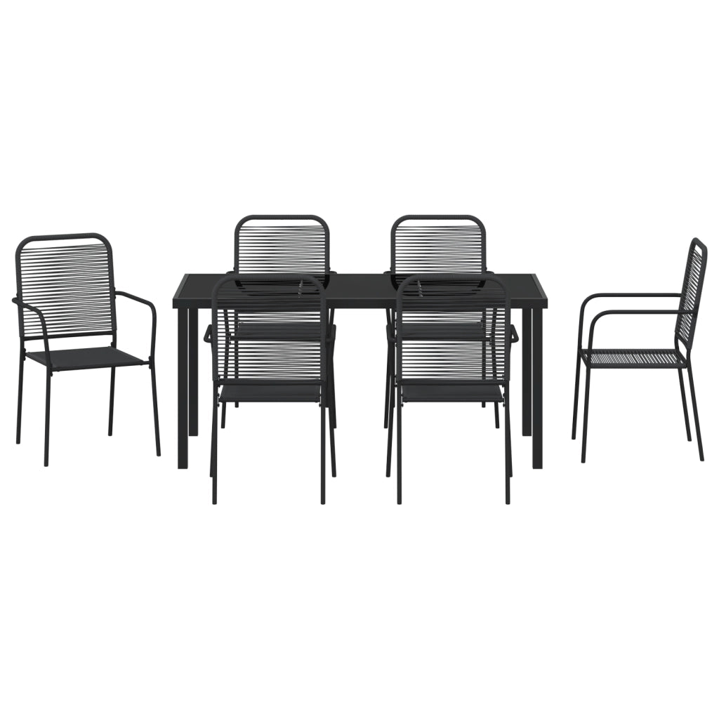 Set da pranzo da giardino 7 pezzi Nero Corda di cotone e acciaio
