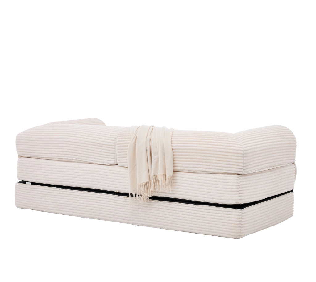 Divano letto convertibile a 2 posti in tessuto a coste con struttura stabile e braccioli imbottiti beige compatto