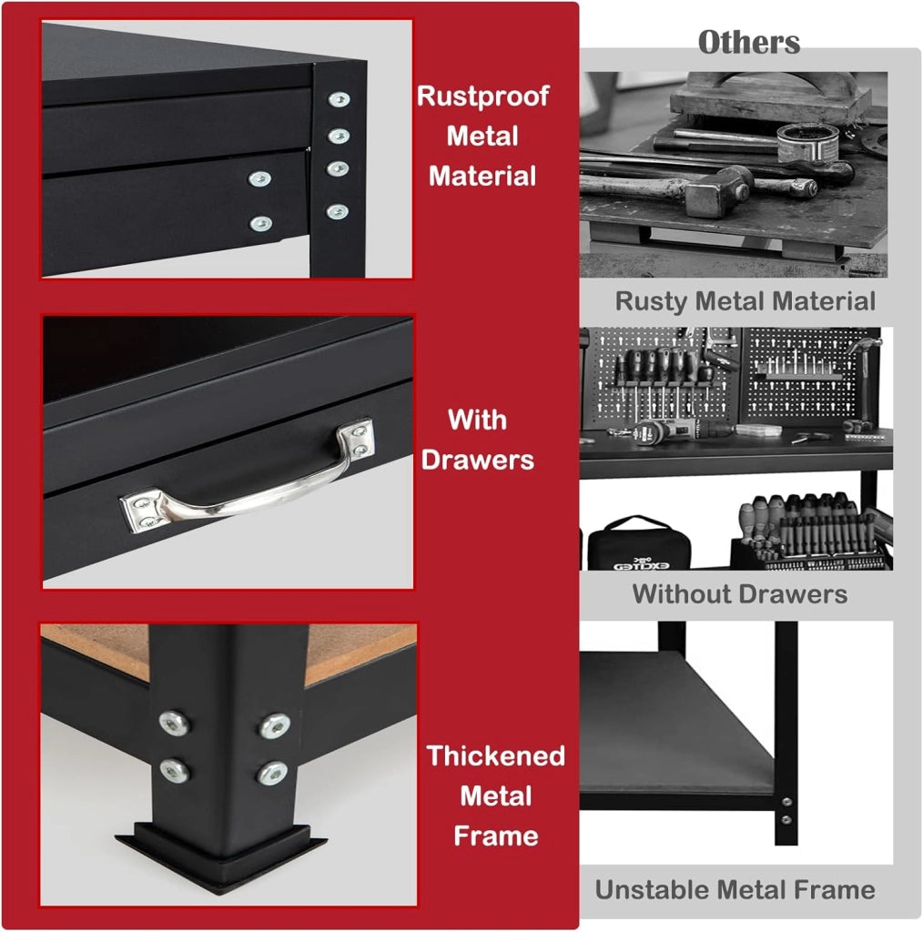 Banco da Lavoro, Organizer per Attrezzi in Metallo con 3 Pannelli Perforati con Kit di 25 Ganci, 2 Cassetti e 2 Ripiani, Banchi da Lavoro per Officina, Garage (Nero+Rosso, 121 X 61 X 156 CM)