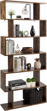 Scaffale a 6 Ripiani, Libreria a Forma di S, Libreria Scaffale da Terra in Legno, Divisorio per Soggiorno, Camera da Letto, Ufficio, 80 x 23 x 192 cm (Caffè)