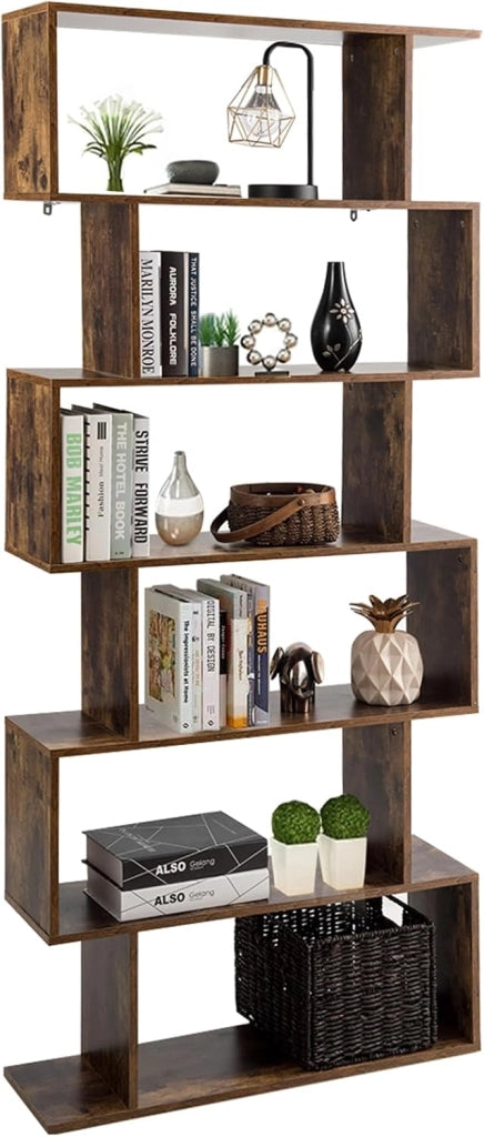 Scaffale a 6 Ripiani, Libreria a Forma di S, Libreria Scaffale da Terra in Legno, Divisorio per Soggiorno, Camera da Letto, Ufficio, 80 x 23 x 192 cm (Caffè)