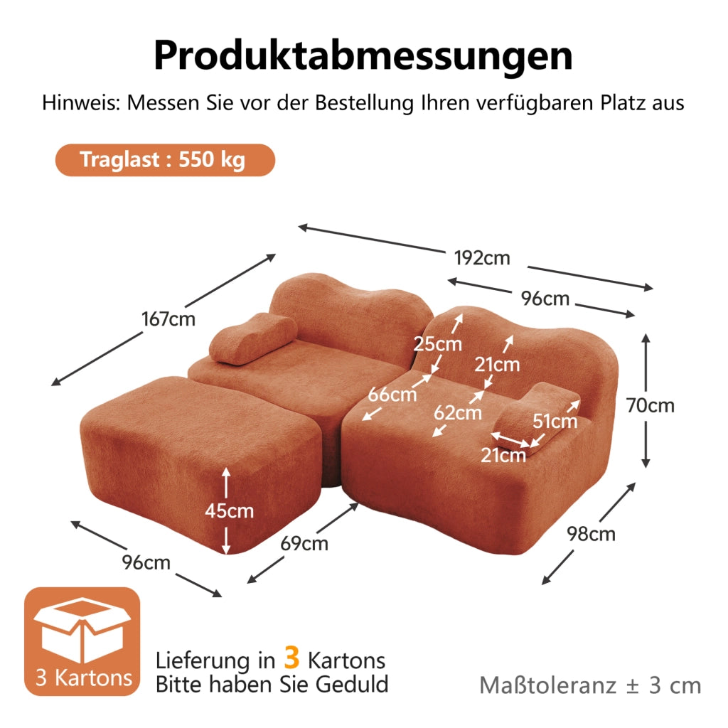 Divano angolare modulare 2 posti con pouf; 192x167x70 cm in velluto arancione