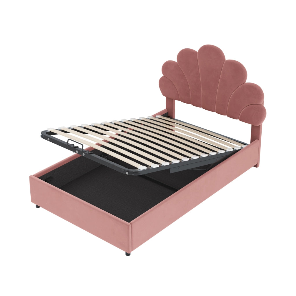 Letto imbottito 90 x 200 cm in velluto rosa con testiera floreale e contenitore idraulico