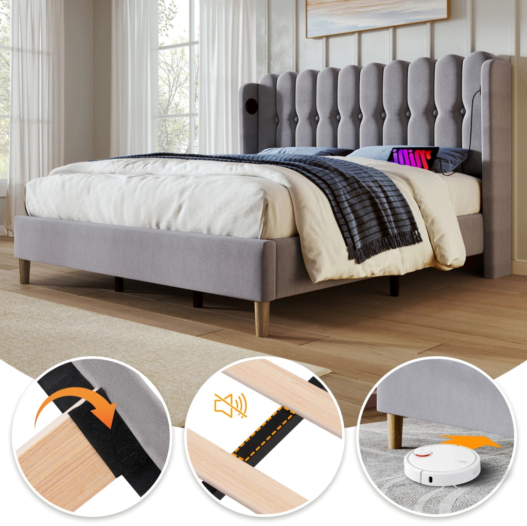 Letto imbottito grigio 160 x 200 cm con ricarica USB e Tipo-C