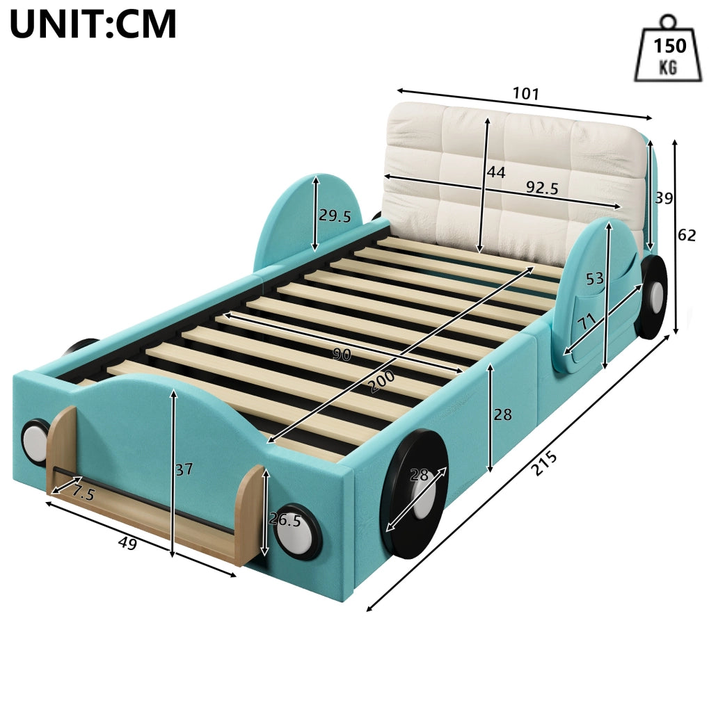 Letto imbottito 90x200 cm con contenitore idraulico; tasche laterali e cuscino grande in flanella blu