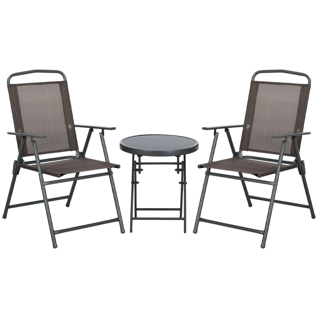 Set bistrot in metallo a 3 pezzi: resistente; tavolo pieghevole in vetro + sedie; marrone