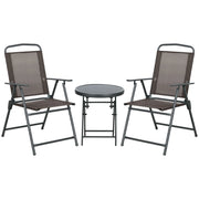 Set bistrot in metallo a 3 pezzi: resistente; tavolo pieghevole in vetro + sedie; marrone