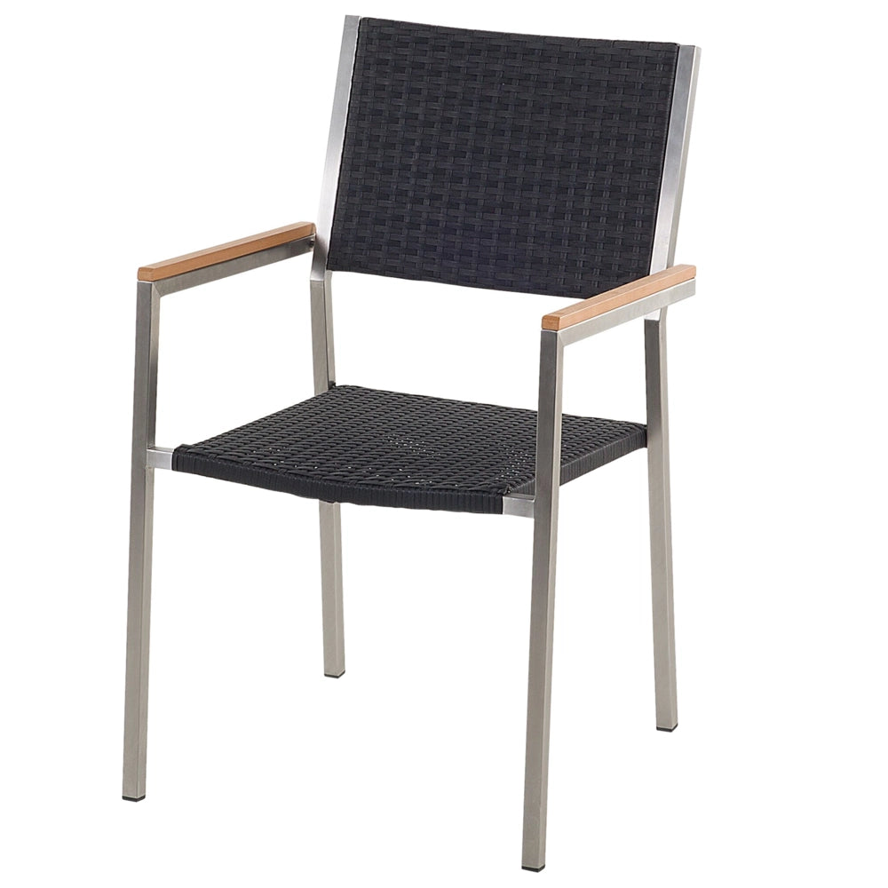 Set da pranzo da giardino Nero con piano in granito Nero sedie in rattan 6 posti 180 x 90 cm piastra tripla