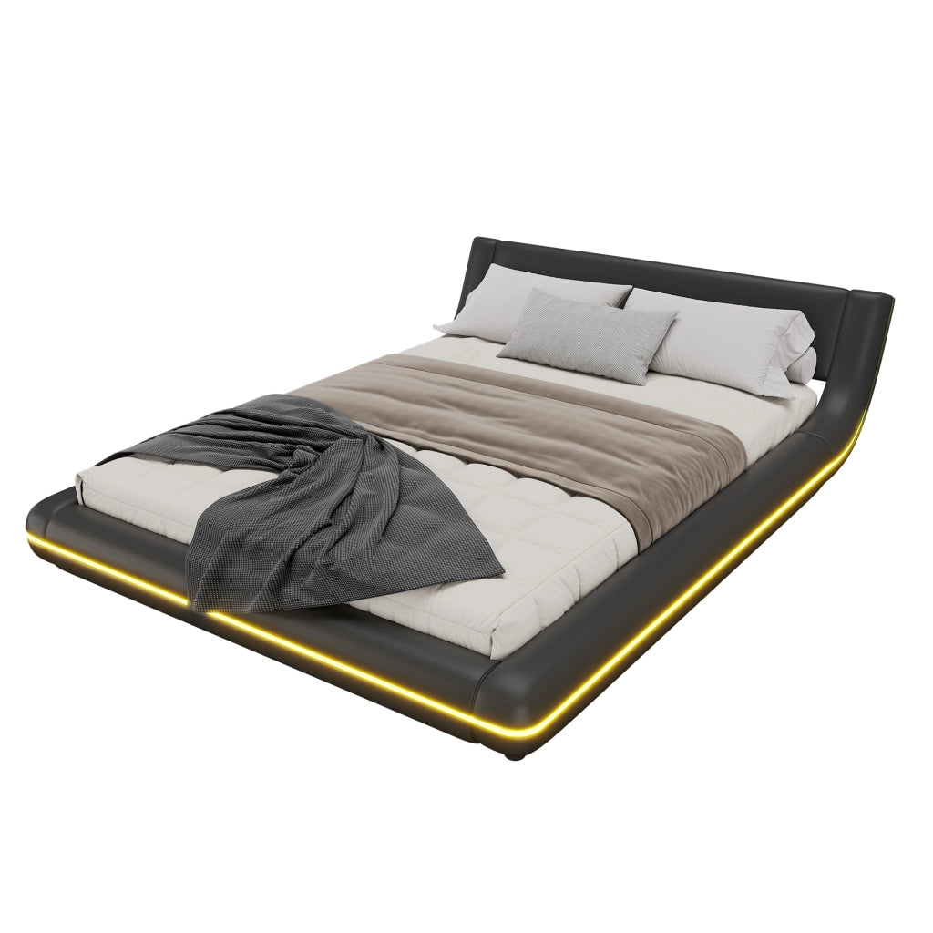 Letto basso a pavimento 140 x 200 cm in PU, luce ambiente LED - Nero