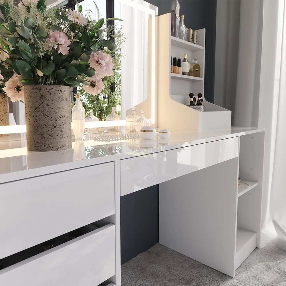 Tavolo da toeletta Sherry, Bianco/bianco lucido, 158.2 cm 3 parti
