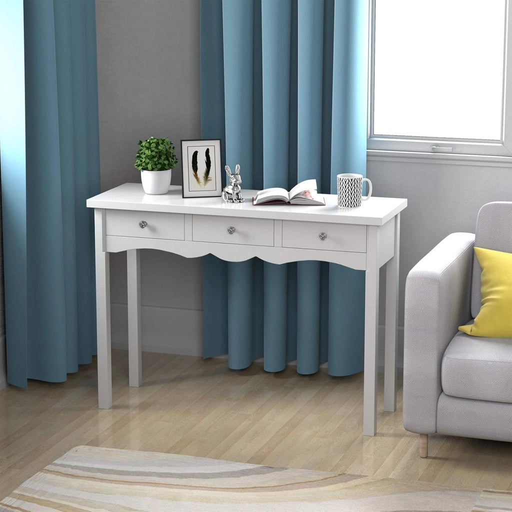 Tavolo Consolle, con 3 Cassetti, Console e Tavoli da Divano, Design Compatto e Stretto, Ingresso, Salotto, Salvaspazio e Moderno, Portata di 45 kg, 100x32x75 cm (Bianco)