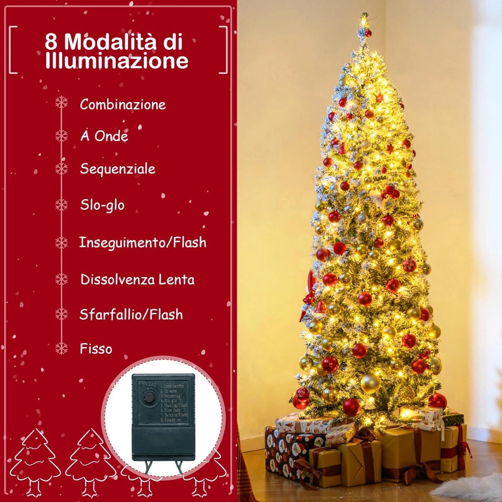 Albero di Natale Slim 180cm, Albero di Natale Innevato con 260 Luci LED, 8 Modalità, 533 Rami in PVC e Base in Metallo Pieghevole, Decorazione Natalizia per Casa e Ufficio (180 cm)