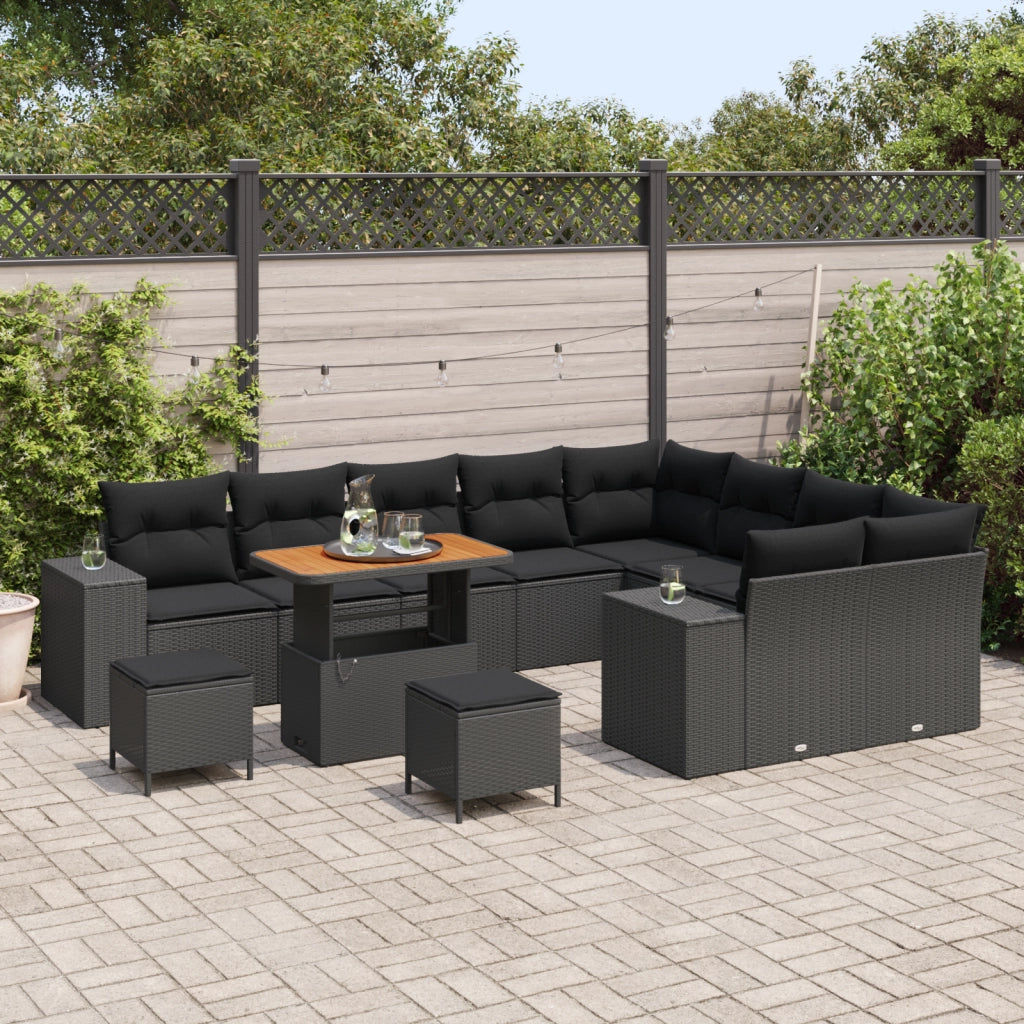 Set divano da giardino con cuscini da 12 pezzi in polyrattan nero e acacia