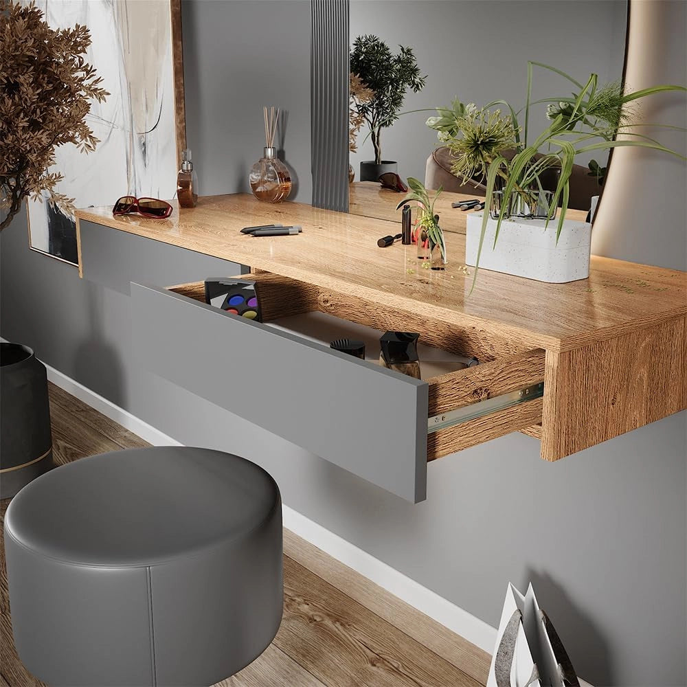 Vicco Tavolo da toilette Melisa, Grigio, 120 cm con illuminazione e sgabello, Altezza regolabile, perfetta per adattarsi alle esigenze individuali