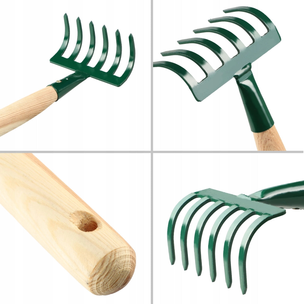 Rastrello da giardino in metallo KADAX, piccolo, 35 cm, 6 denti, manico in legno massello
