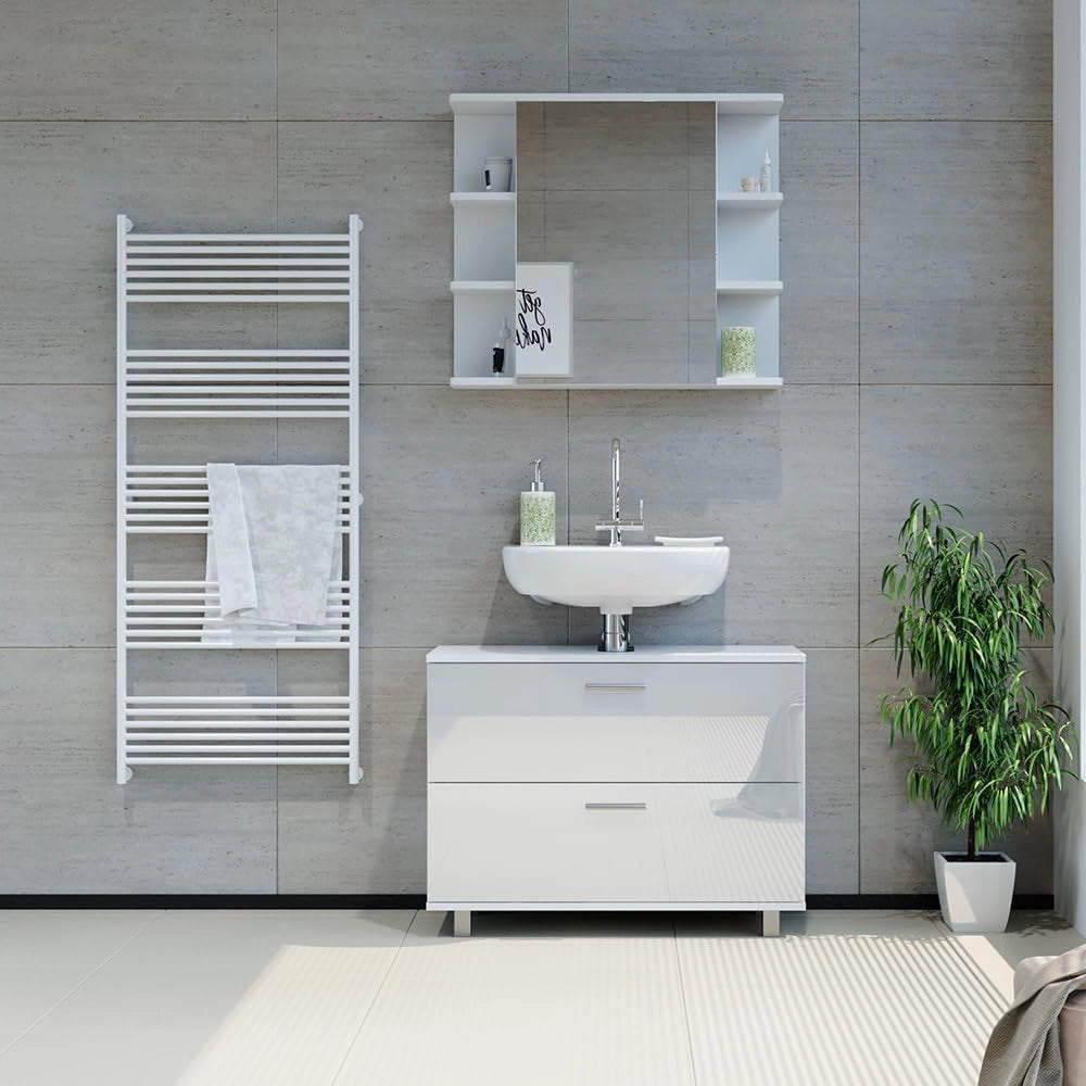 Mobile sottolavabo per bagno Ilias, Bianco lucido, 80 x 60.8 cm, con ritaglio per sifone e aperture di ventilazione laterali
