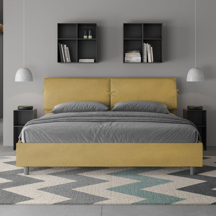 Letto Matrimoniale King Size 180x190 cm Senza Rete Testata con Cuscini Imbottito in Microfibra Mados Ocra