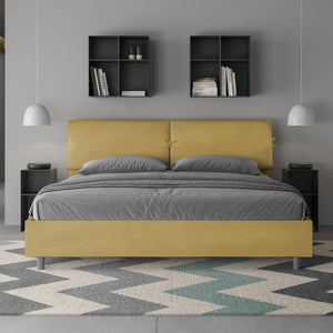 Letto Matrimoniale King Size 200x210 cm con Rete e Contenitore Testata con Cuscini Imbottito in Microfibra Mados Ocra