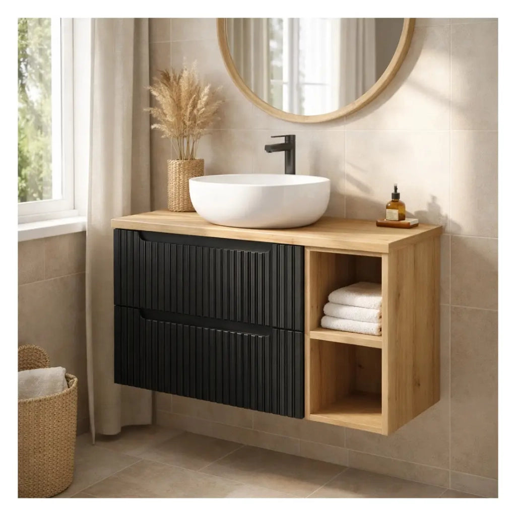 Set VANO 80cm: mobile sottolavabo con nicchie visibili a cassetti + piano per lavabo in rovere chiaro