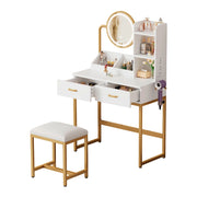 Toeletta con 2 cassetti; illuminazione LED e prese USB - per camera da letto - in truciolare - 80×40×138.5 cm - bianco oro