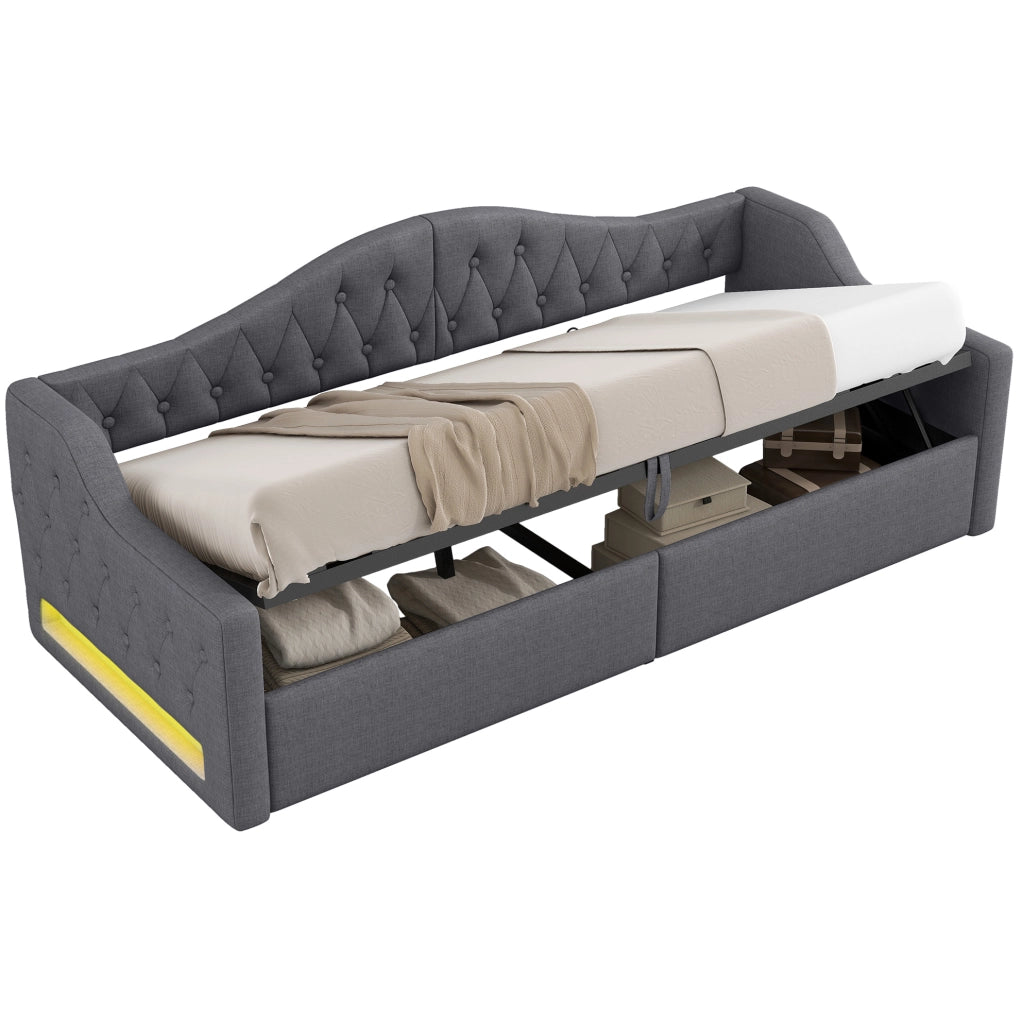 Letto 90x200 cm con contenitore e LED in MDF; multistrato e imbottito grigio