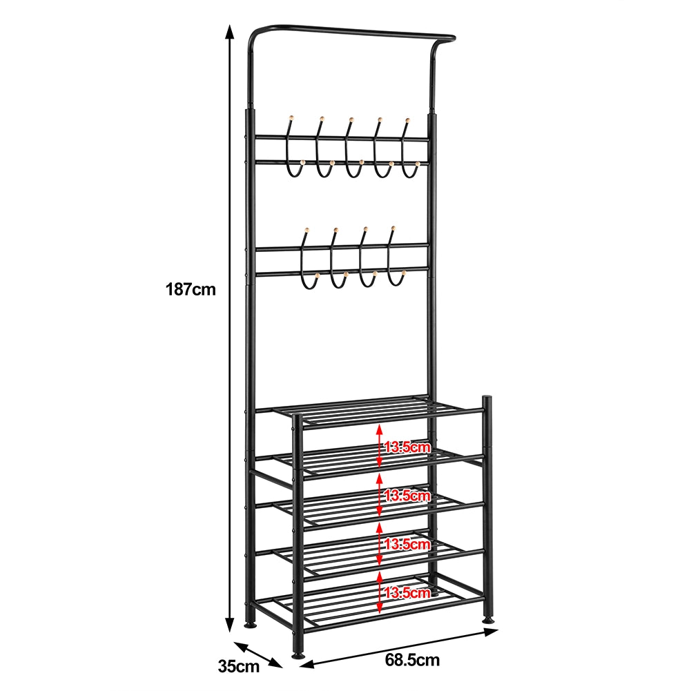 Stand Appendiabiti da Ingresso Struttura Metallo 9 Ganci con scarpiera 5 Ripiani