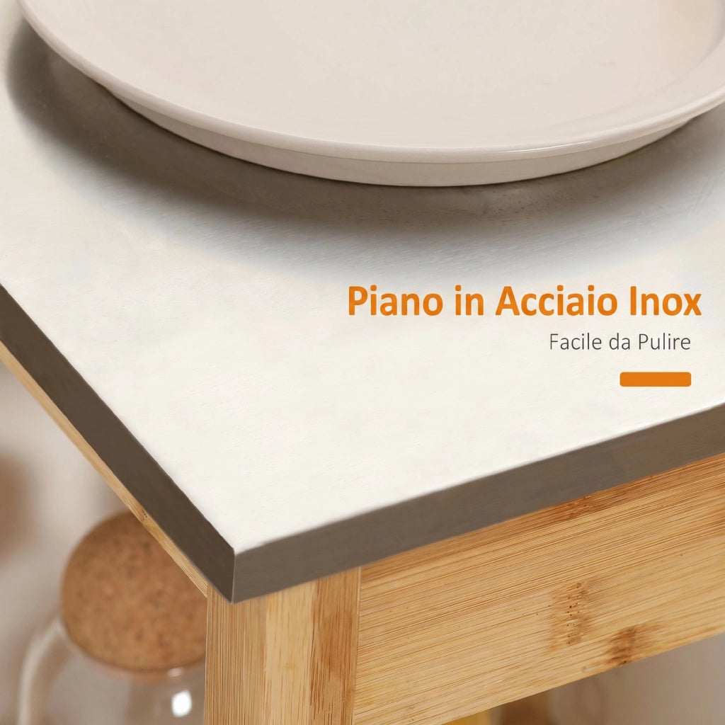 Carrello da Cucina con Piano in Acciaio Inox Cassetto e Mensole a Doghe in Bambù