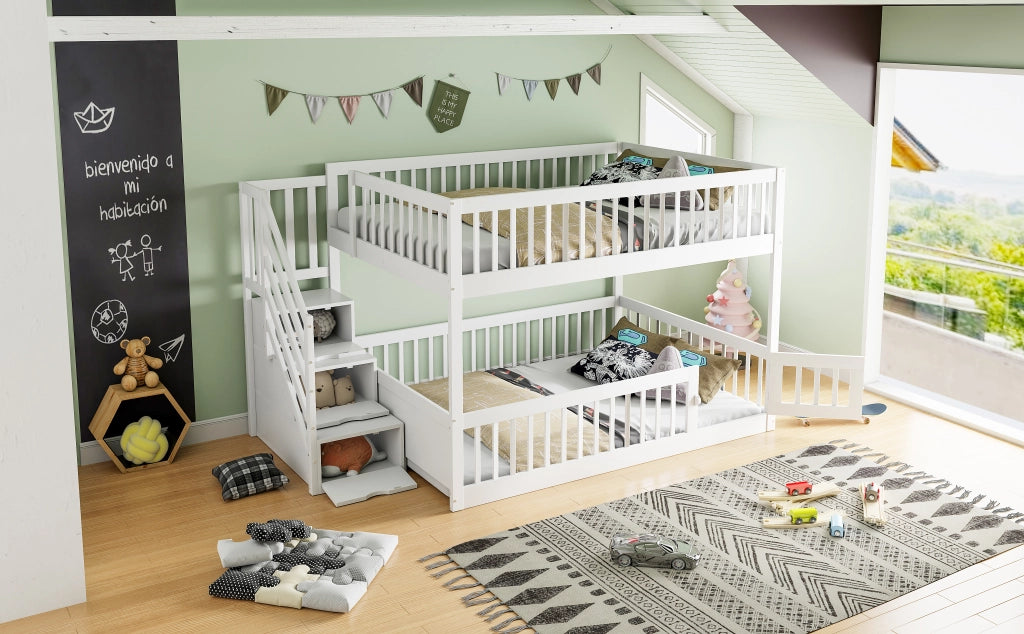 DESMIU Letto a castello 140 × 200 cm 2 posti con cassetti e scala, senza materasso, in legno, bianco