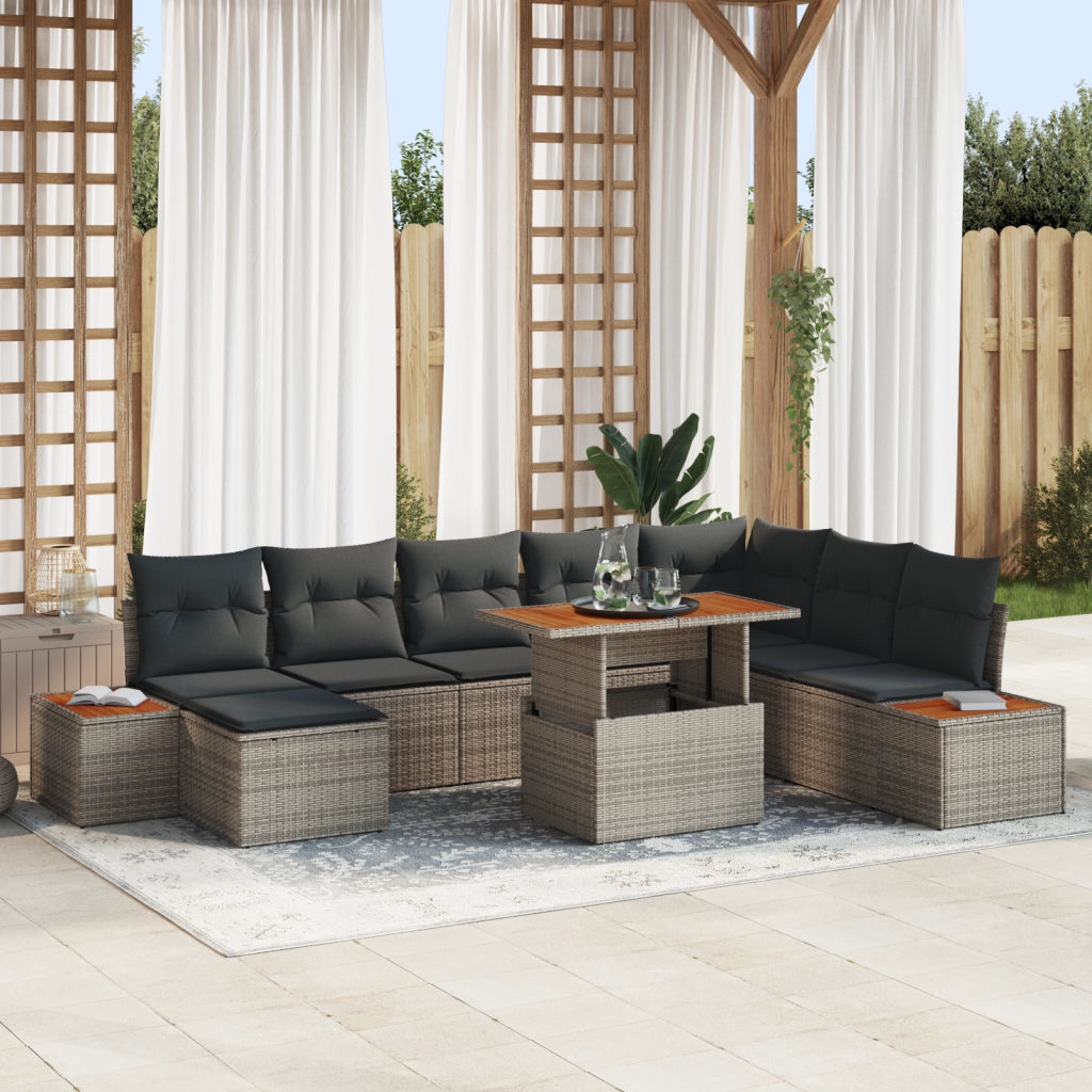 Set di Divani da Giardino con Cuscini da 9 Pezzi Grigio in Rattan Plastico