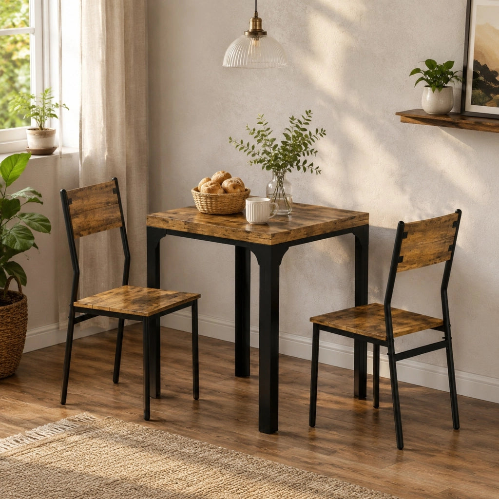 Set tavolo da pranzo con 2 sedie in MDF e acciaio marrone rustico