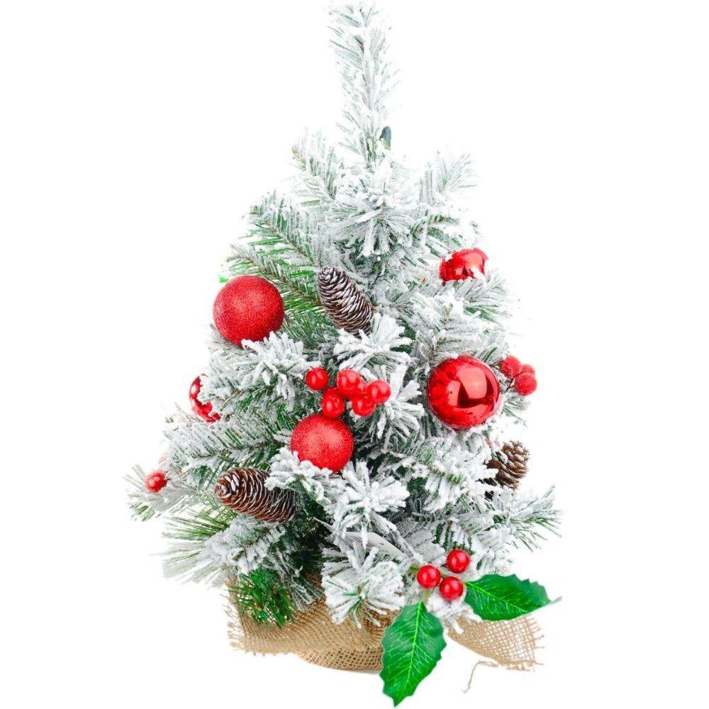 Trade Shop - Albero Di Natale Effetto Innevato Dim. 60 Cm Con Decori Rossi Pigne Neve -
